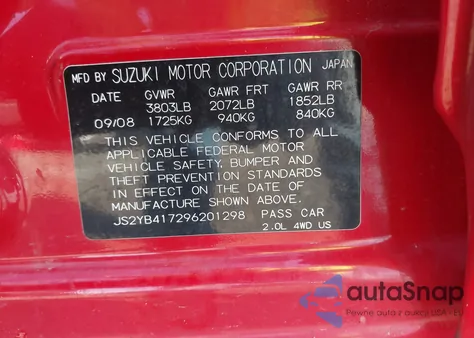 2009 Suzuki Sx4 Touring из США, поврежденный, VIN JS2YB417296201298